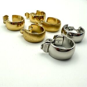 Vintage Monet Gold Silver Tone Wide Half Hoop Clip On Earrings - Lot of 3 pair